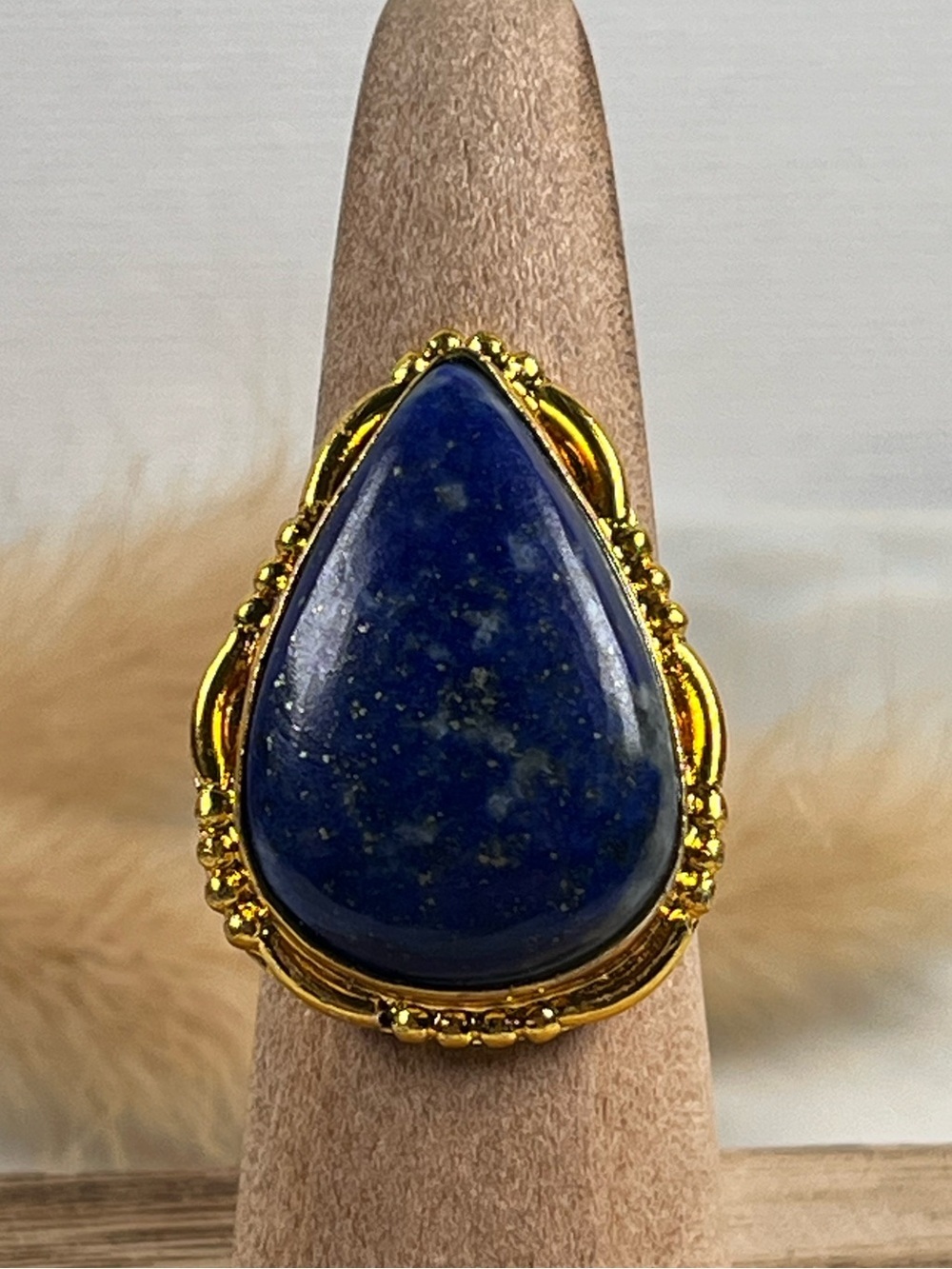 Goldtone Statement Lapis Lazuli Gemstone Ring Size 6.75